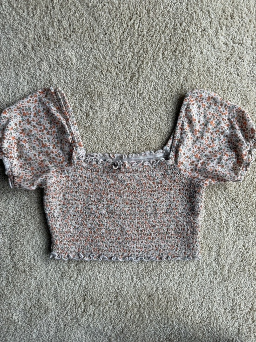 Aerie Smocked Floral Crop Top Puff Sleeve Cottagecore Square Neck Stretch XS